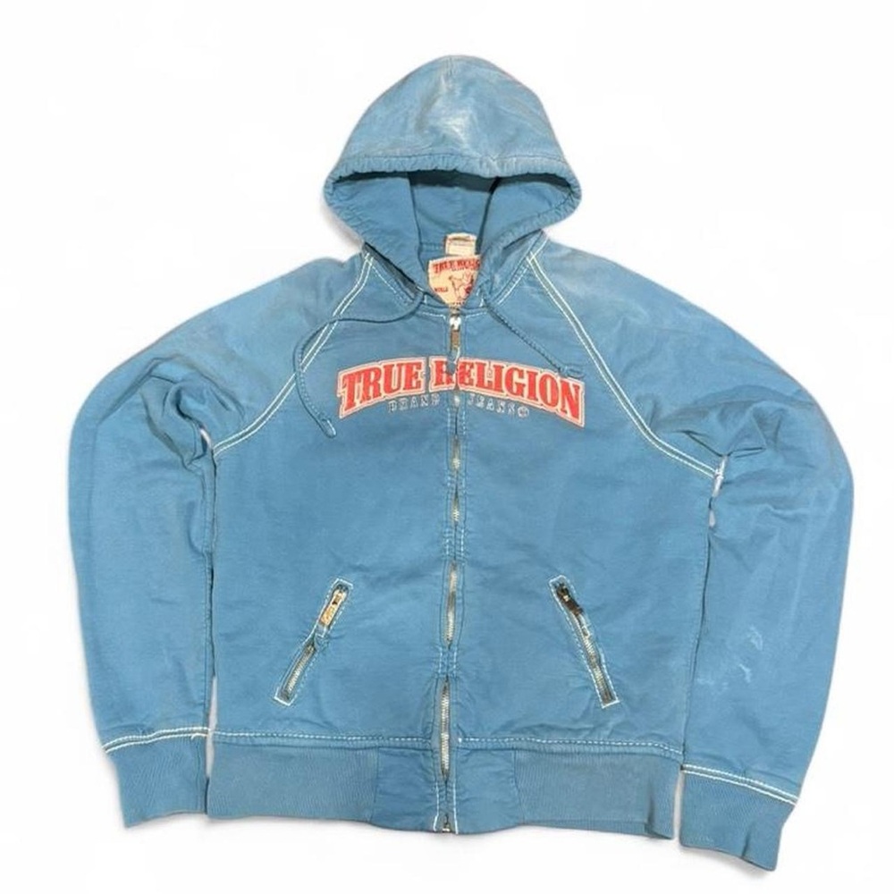 Y2K True Religion Raglan Logo Faded Blue Graphic Zip Up Hoodie Made in USA